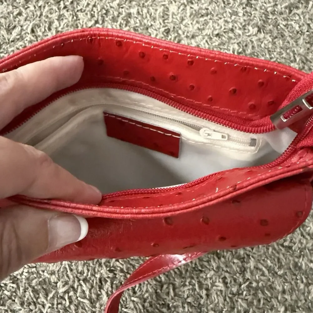 Red Ostrich Leather Crossbody‎ Bag Textured Small Shoulder Purse Zip Top Pocket